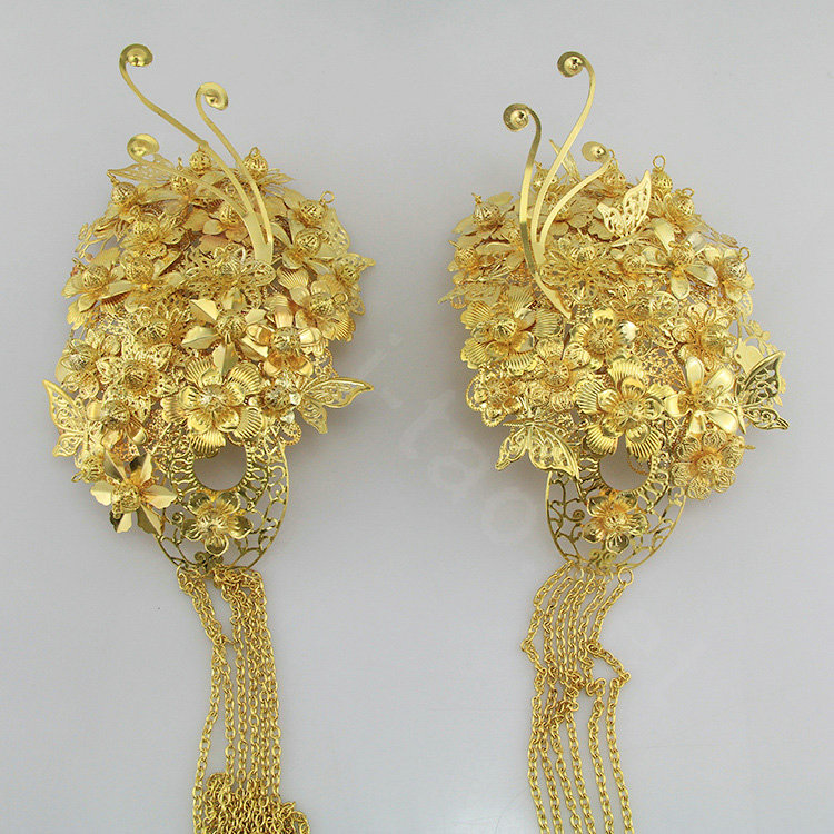 Beautiful Bride Classic Costume Tassel Gold Phoenix Coronet Hair Clasp Cheongsam Married Bridal Hair Accessories