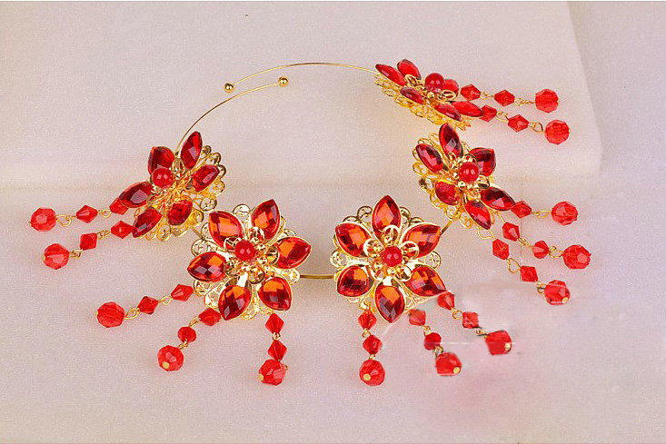 Bride Classic Costume Rhinestone Flower Tassel Headband Cheongsam Wedding Bridal Hair Accessories