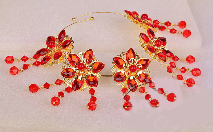 Bride Classic Costume Rhinestone Flower Tassel Headband Cheongsam Wedding Bridal Hair Accessories