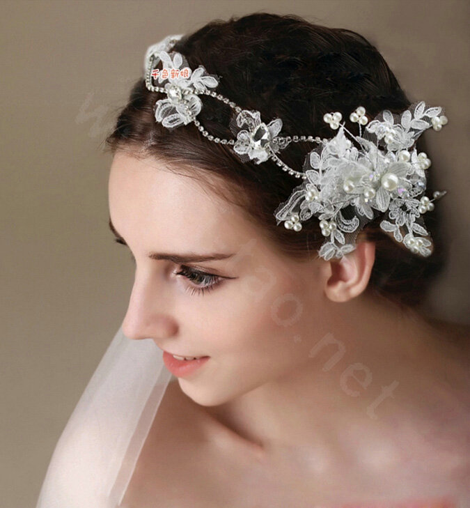 Classic Rhinestone Pearl Lace Flower Hairwear Wedding Bride Headband Bridal Hair Accessories