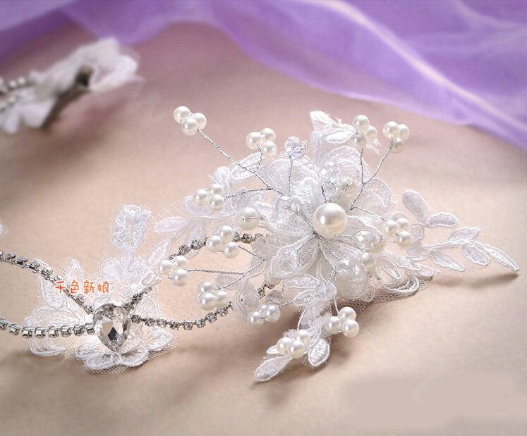 Classic Rhinestone Pearl Lace Flower Hairwear Wedding Bride Headband Bridal Hair Accessories
