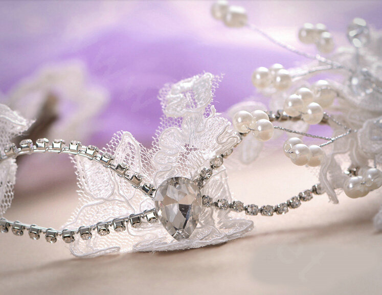 Classic Rhinestone Pearl Lace Flower Hairwear Wedding Bride Headband Bridal Hair Accessories