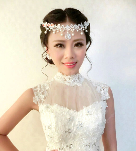 Discount Rhinestone Pearl Lace Flower Hairwear Wedding Bride Headband Bridal Hair Accessories