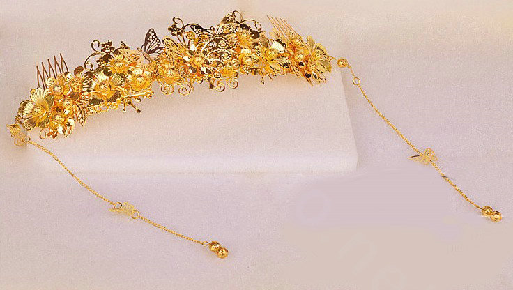 Elegant Bride Classic Costume Tassel Gold Phoenix Coronet Hair Comb Cheongsam Wedding Bridal Hair Accessories