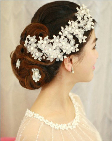 Elegant Pearl Crystal Bead Lace Flower Hairwear Wedding Bride Headband Bridal Hair Accessories