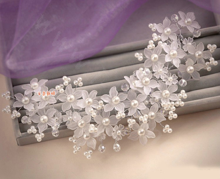 Elegant Pearl Crystal Bead Lace Flower Hairwear Wedding Bride Headband Bridal Hair Accessories