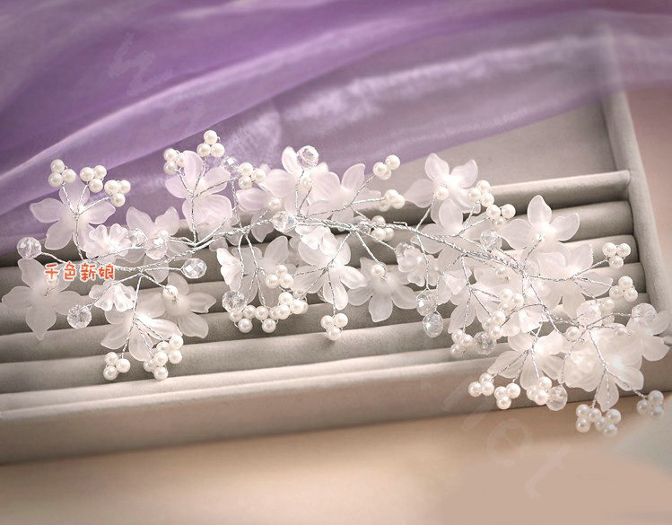 Elegant Pearl Crystal Bead Lace Flower Hairwear Wedding Bride Headband Bridal Hair Accessories