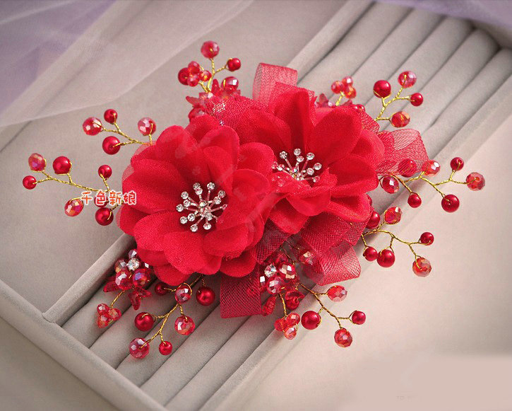 Elegant Red Crystal Bead Lace Flower Wedding Bride Headband Bridal Party Dress Hair Accessories
