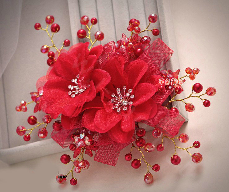 Elegant Red Crystal Bead Lace Flower Wedding Bride Headband Bridal Party Dress Hair Accessories