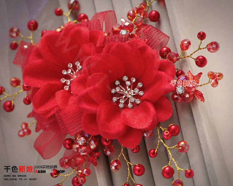 Elegant Red Crystal Bead Lace Flower Wedding Bride Headband Bridal Party Dress Hair Accessories