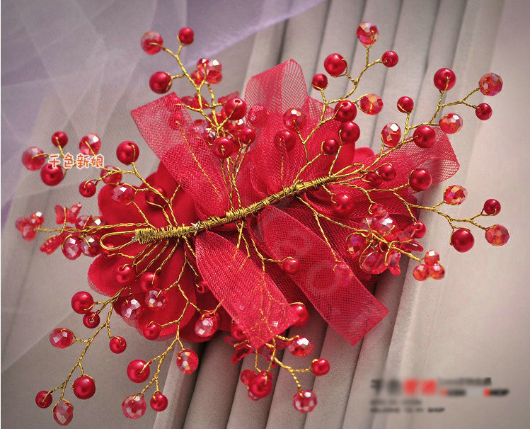Elegant Red Crystal Bead Lace Flower Wedding Bride Headband Bridal Party Dress Hair Accessories
