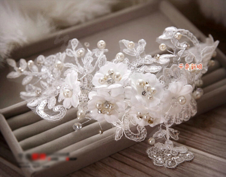 High Quality Rhinestone Pearl Lace Flower Hairwear Wedding Bride Headband Bridal Hair Accessories