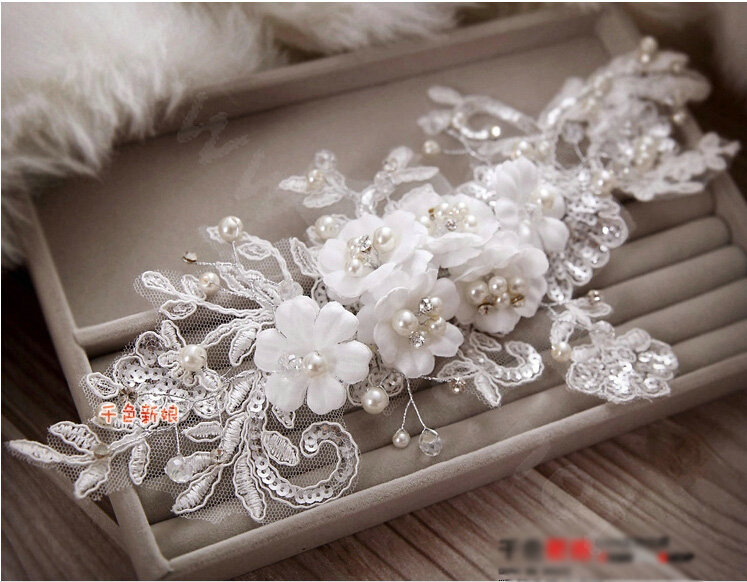 High Quality Rhinestone Pearl Lace Flower Hairwear Wedding Bride Headband Bridal Hair Accessories