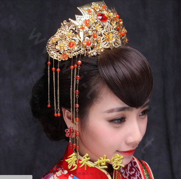 Luxury Agate Beads Tassel Phoenix Coronet Chinese style Wedding Bridal Cheongsam Retro Hair Accessories
