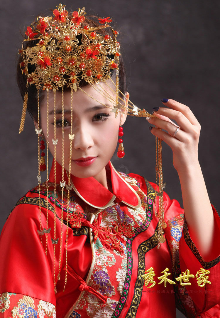 Luxury Bride Chinese style Costume Butterfly Tassel Phoenix Coronet Cheongsam Wedding Bridal Hair Accessories