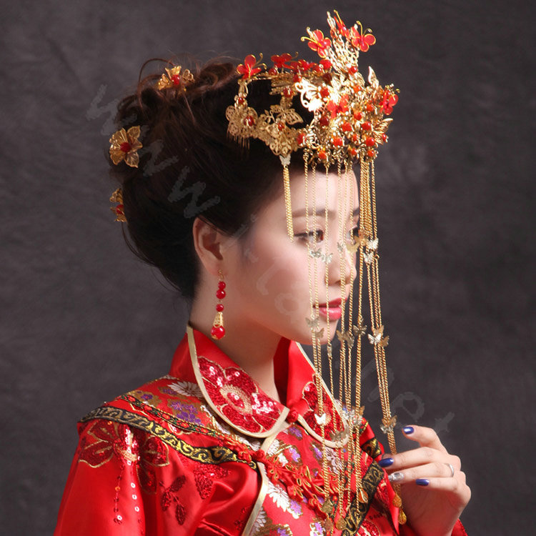 Luxury Bride Chinese style Costume Butterfly Tassel Phoenix Coronet Cheongsam Wedding Bridal Hair Accessories