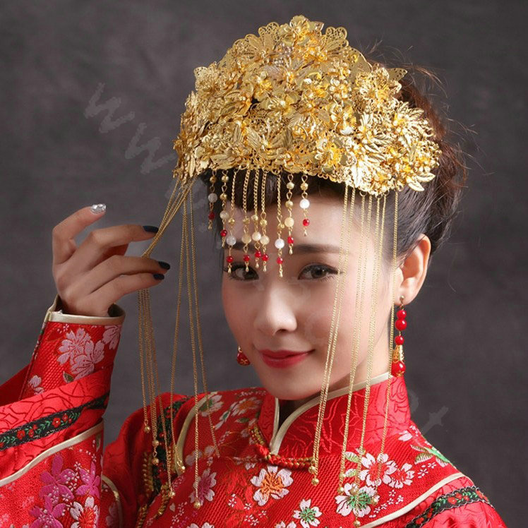 Luxury Bride Chinese style Costume Tassel Gold Phoenix Coronet Wedding jewelry Bridal Cheongsam Hair Accessories