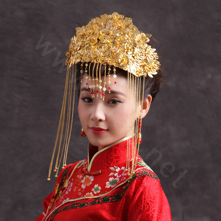 Luxury Bride Chinese style Costume Tassel Gold Phoenix Coronet Wedding jewelry Bridal Cheongsam Hair Accessories