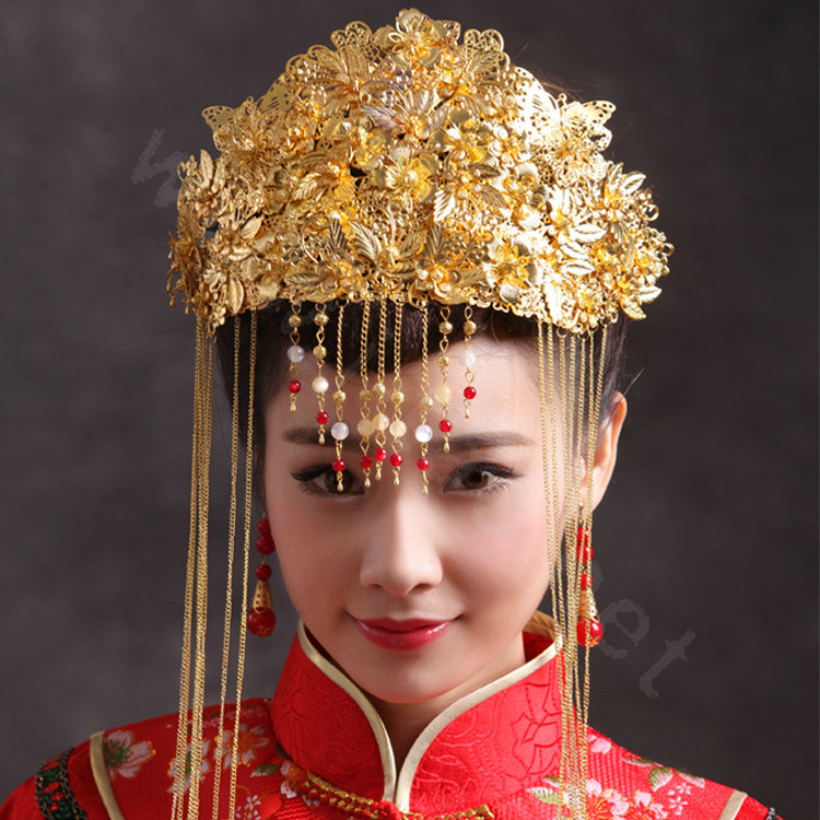 Luxury Bride Chinese style Costume Tassel Gold Phoenix Coronet Wedding jewelry Bridal Cheongsam Hair Accessories