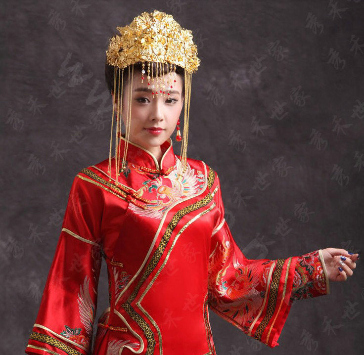 Luxury Bride Chinese style Costume Tassel Gold Phoenix Coronet Wedding jewelry Bridal Cheongsam Hair Accessories