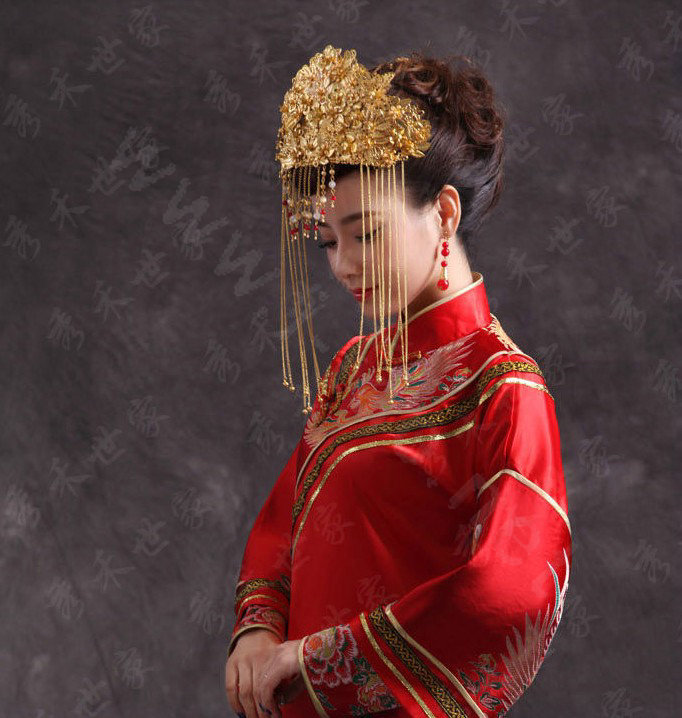 Luxury Bride Chinese style Costume Tassel Gold Phoenix Coronet Wedding jewelry Bridal Cheongsam Hair Accessories