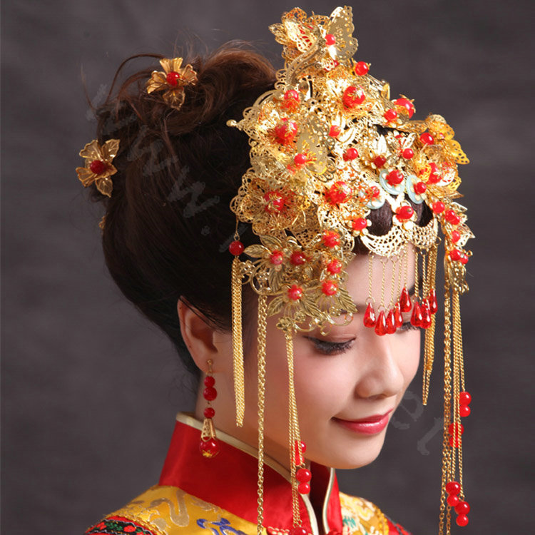 Luxury Bride Chinese style Costume Tassel Phoenix Coronet Cheongsam Wedding jewelry Bridal Hair Accessories