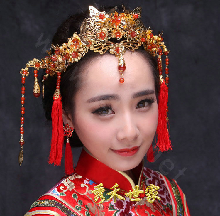 Luxury Bride Chinese style Gold Tassel Phoenix Coronet Wedding jewelry Bridal Cheongsam Hair Accessories