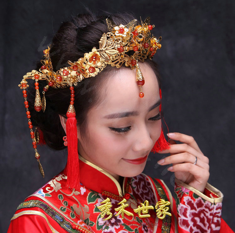 Luxury Bride Chinese style Gold Tassel Phoenix Coronet Wedding jewelry Bridal Cheongsam Hair Accessories