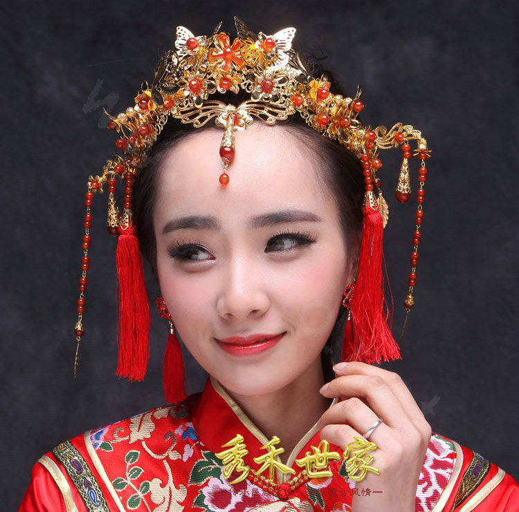 Luxury Bride Chinese style Gold Tassel Phoenix Coronet Wedding jewelry Bridal Cheongsam Hair Accessories