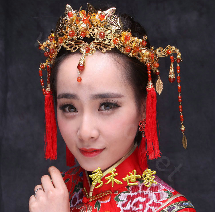 Luxury Bride Chinese style Gold Tassel Phoenix Coronet Wedding jewelry Bridal Cheongsam Hair Accessories
