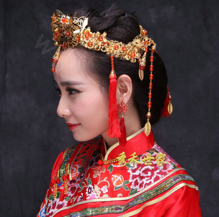 Luxury Bride Chinese style Gold Tassel Phoenix Coronet Wedding jewelry Bridal Cheongsam Hair Accessories