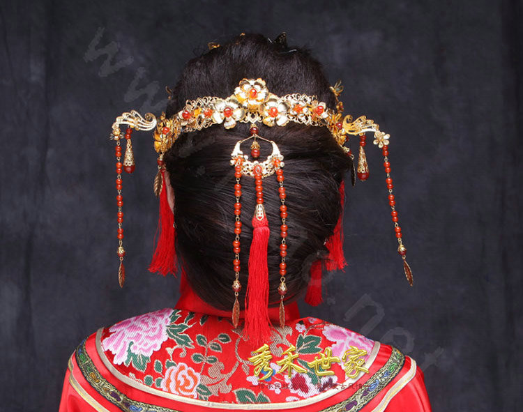 Luxury Bride Chinese style Gold Tassel Phoenix Coronet Wedding jewelry Bridal Cheongsam Hair Accessories
