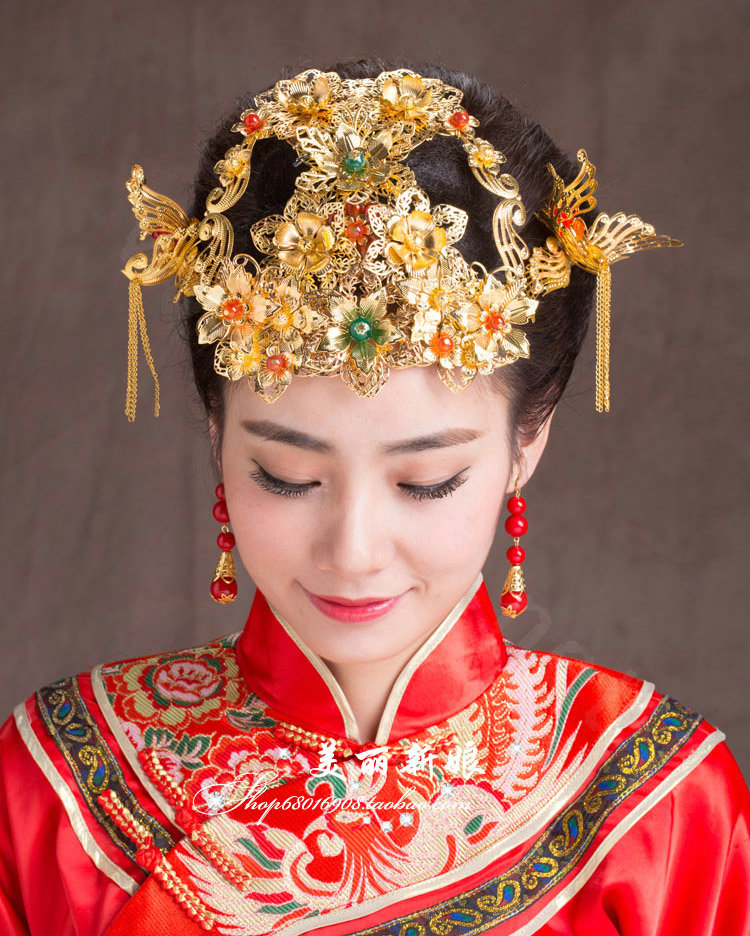 Luxury Bride Classic Costume Phoenix Coronet Flower Hair Clasp Cheongsam Married Bridal Hair Accessories