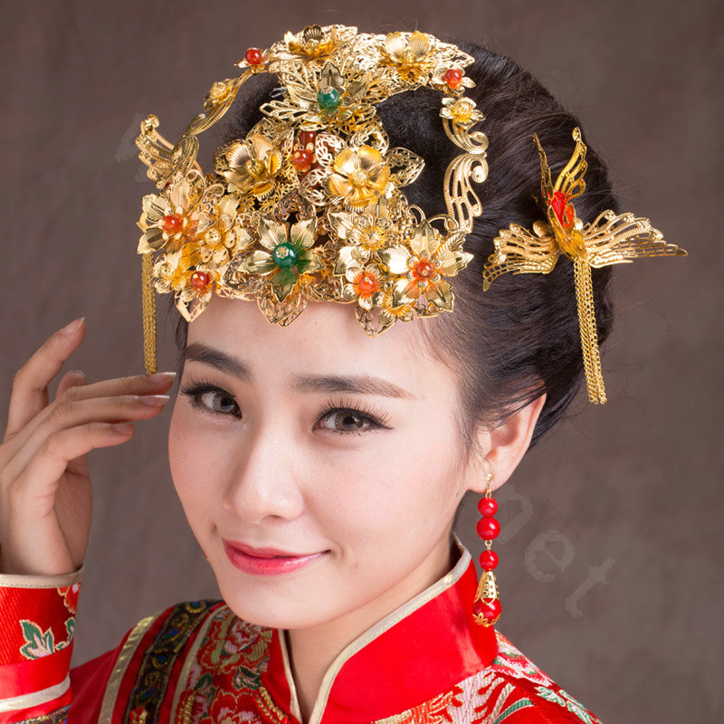 Luxury Bride Classic Costume Phoenix Coronet Flower Hair Clasp Cheongsam Married Bridal Hair Accessories