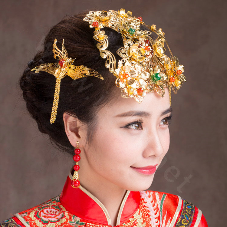 Luxury Bride Classic Costume Phoenix Coronet Flower Hair Clasp Cheongsam Married Bridal Hair Accessories