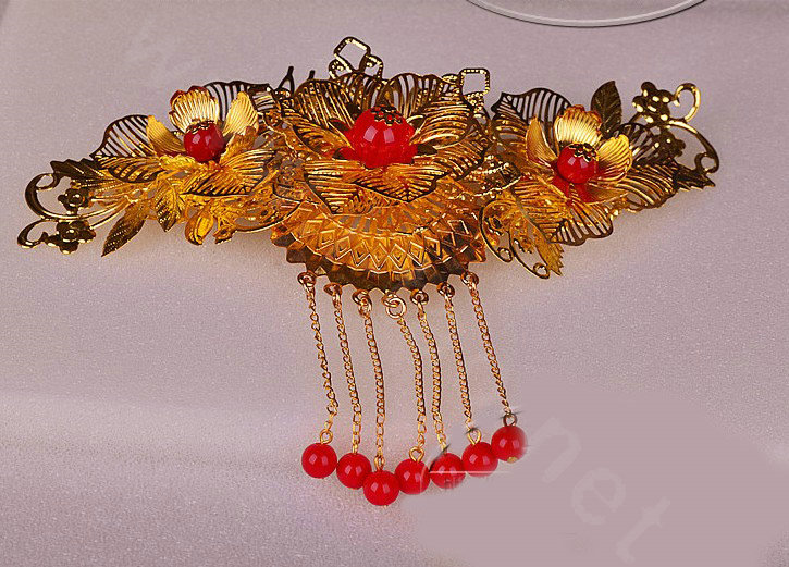 Luxury Bride Classic Costume Tassel Phoenix Coronet Hair Comb Cheongsam Wedding Bridal Hair Accessories
