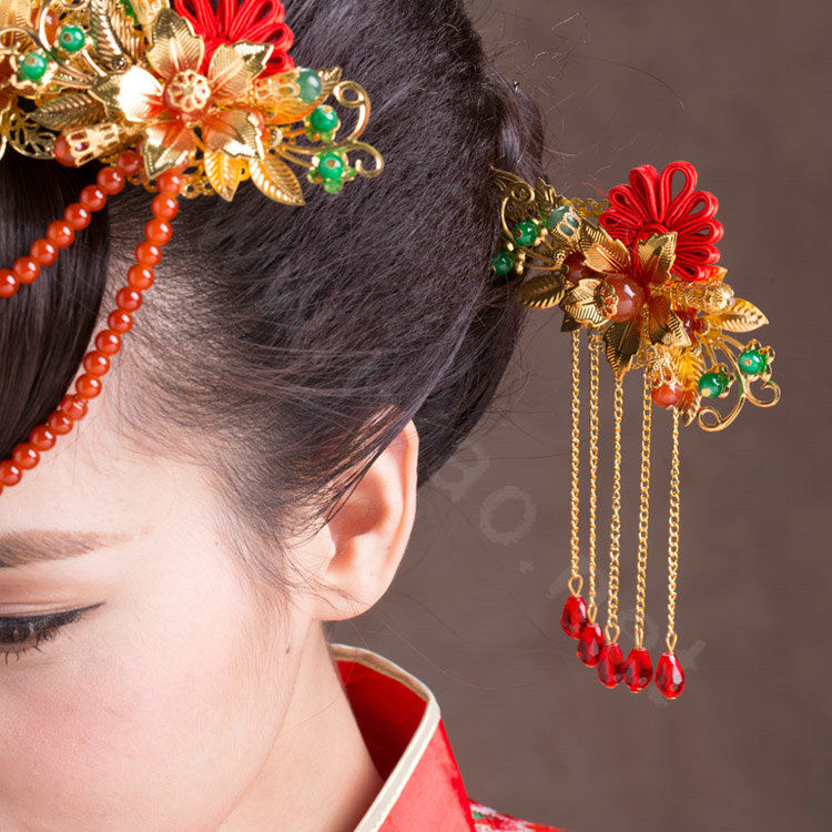 Luxury Classic Costume Phoenix Coronet Tassel Flower Hair Clasp Cheongsam Married Bridal Hair Accessories