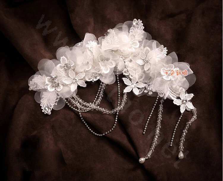 Luxury Crystal Bead Lace Flower Tassel Hairwear Wedding Bride Headband Bridal Hair Accessories