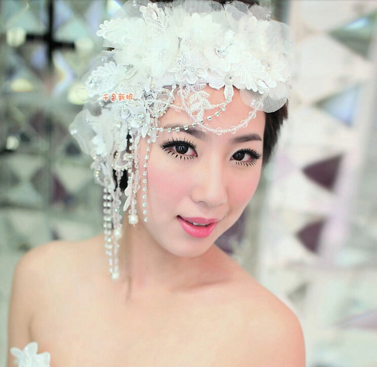 Luxury Crystal Bead Lace Flower Tassel Hairwear Wedding Bride Headband Bridal Hair Accessories