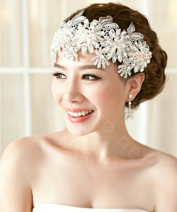 Luxury Crystal Pearl Lace Flower Hairwear Wedding Bride Headband Bridal Hair Accessories