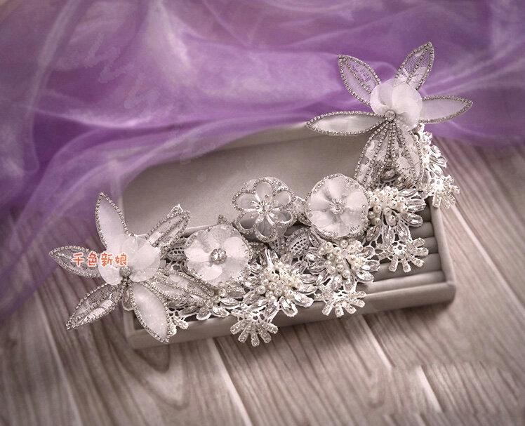Luxury Crystal Pearl Lace Flower Hairwear Wedding Bride Headband Bridal Hair Accessories