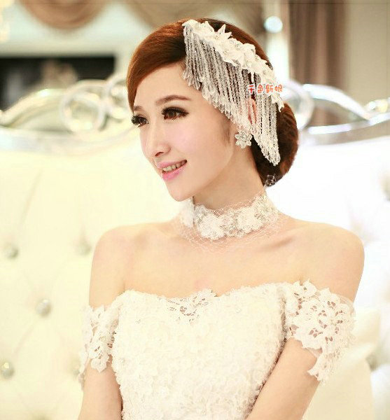 Luxury Lace Flower Tassel Crystal Bead Hairwear Wedding Bride Headband Bridal Hair Accessories