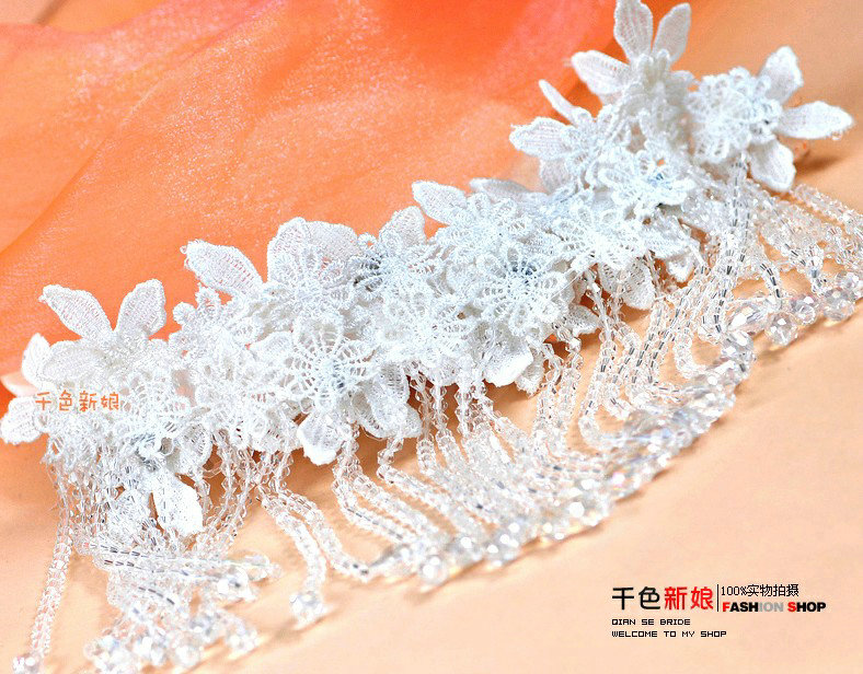 Luxury Lace Flower Tassel Crystal Bead Hairwear Wedding Bride Headband Bridal Hair Accessories