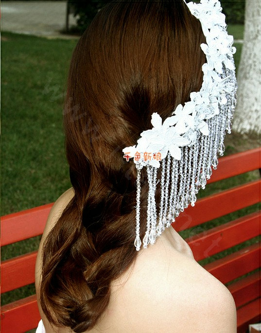 Luxury Lace Flower Tassel Crystal Bead Hairwear Wedding Bride Headband Bridal Hair Accessories