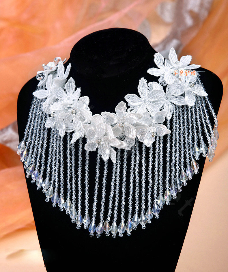 Luxury Lace Flower Tassel Crystal Bead Hairwear Wedding Bride Headband Bridal Hair Accessories