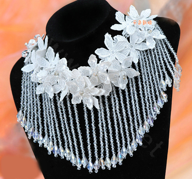 Luxury Lace Flower Tassel Crystal Bead Hairwear Wedding Bride Headband Bridal Hair Accessories