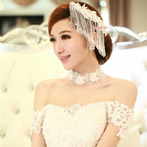 Luxury Lace Flower Tassel Crystal Bead Hairwear Wedding Bride Headband Bridal Hair Accessories