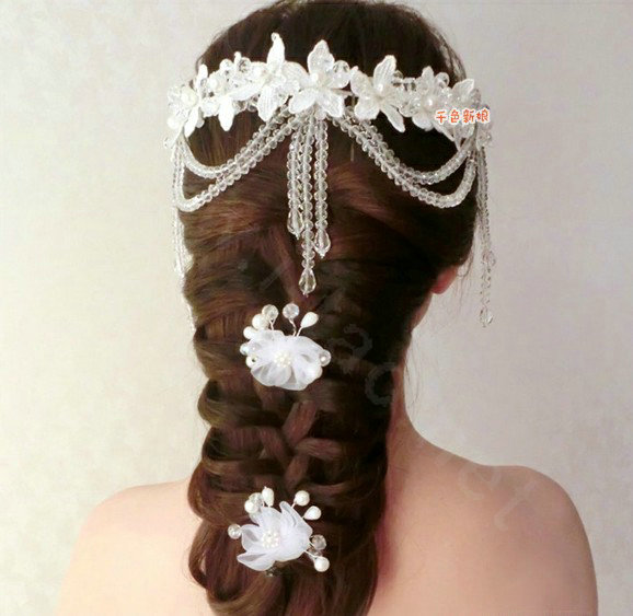 Luxury Pearl Crystal Bead Lace Flower Tassel Hairwear Wedding Bride Headband Bridal Hair Accessories