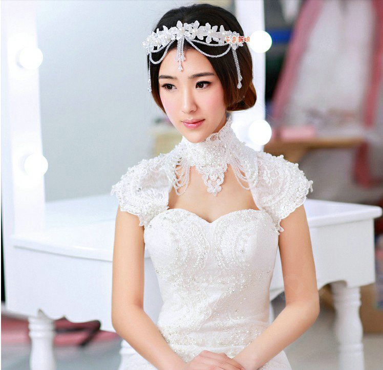 Luxury Pearl Crystal Bead Lace Flower Tassel Hairwear Wedding Bride Headband Bridal Hair Accessories