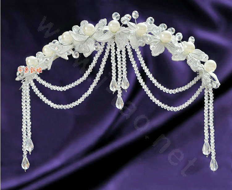 Luxury Pearl Crystal Bead Lace Flower Tassel Hairwear Wedding Bride Headband Bridal Hair Accessories